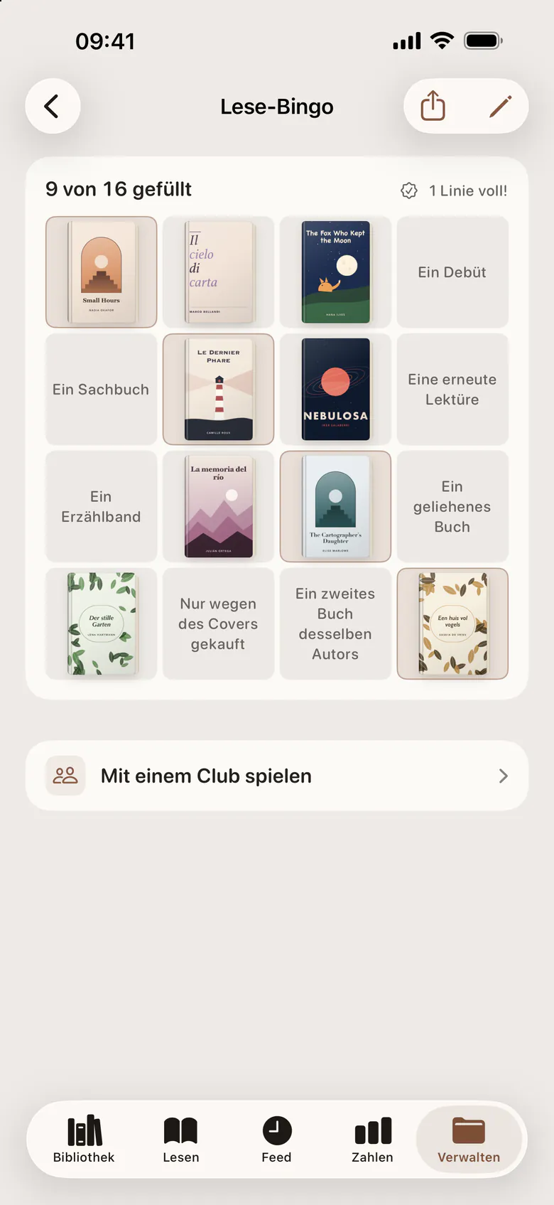 Eine Lese-Bingo-Karte mit Covern in den bisher gefüllten Feldern.