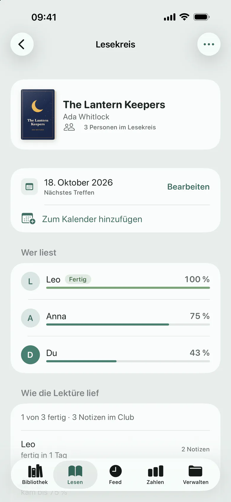 Ein Lesekreis: das Buch, das nächste Treffen und wie weit alle gelesen haben.