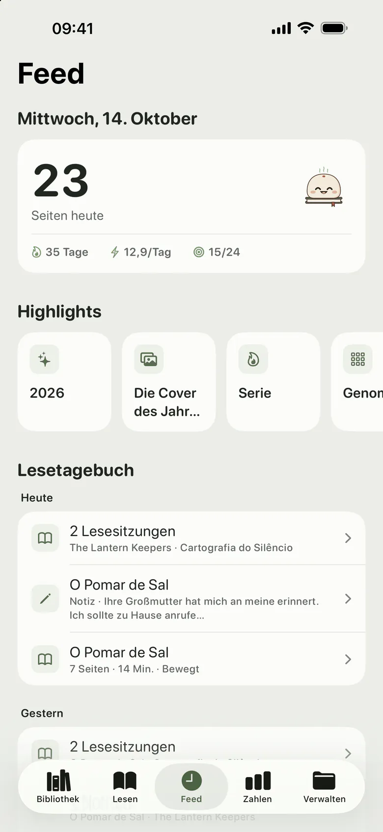 Der Feed: die heute gelesenen Seiten und ein Tagebuch aus Sitzungen, Notizen und Zitaten, nach Tagen geordnet.