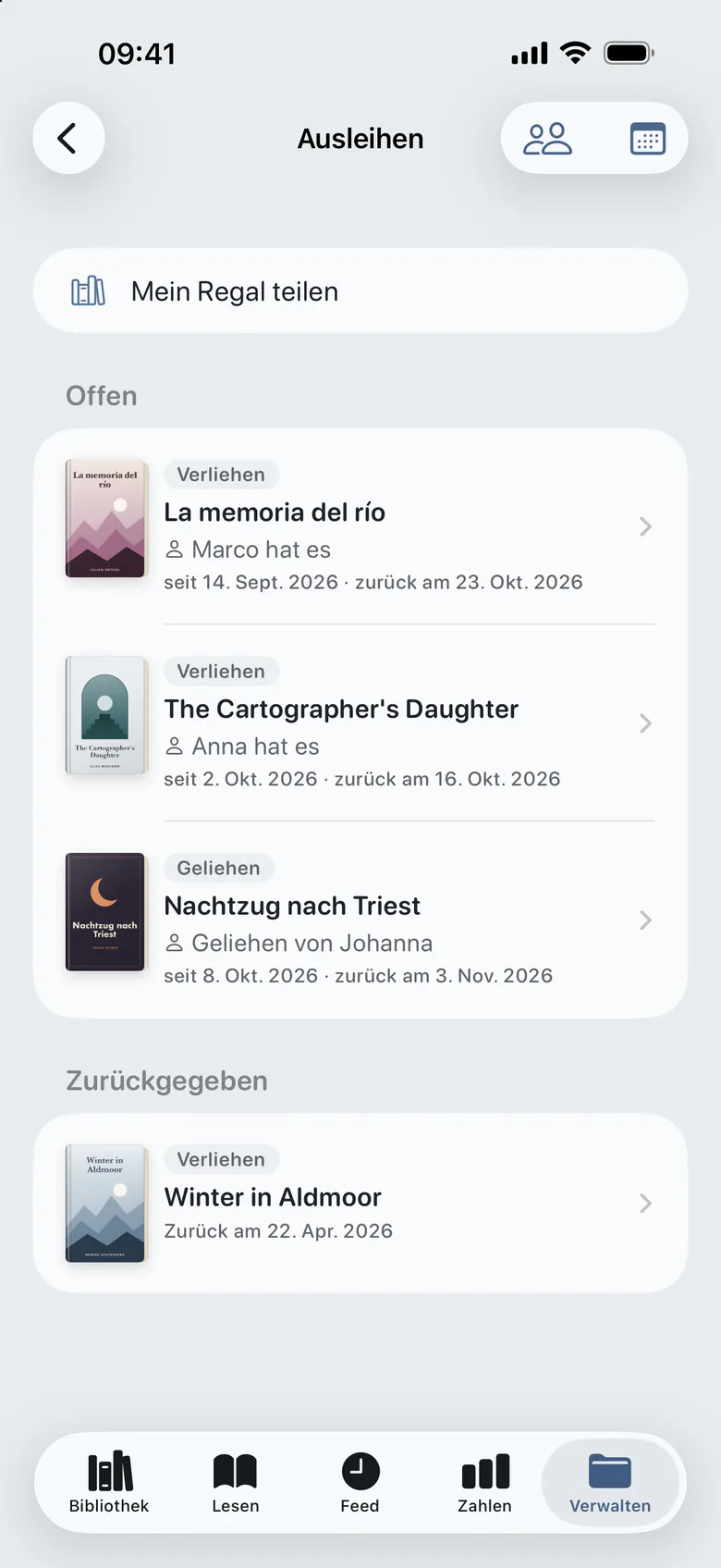 Die Ausleihen: verliehene Bücher, wer sie hat und wann sie zurückkommen, ein geliehenes und ein zurückgegebenes.