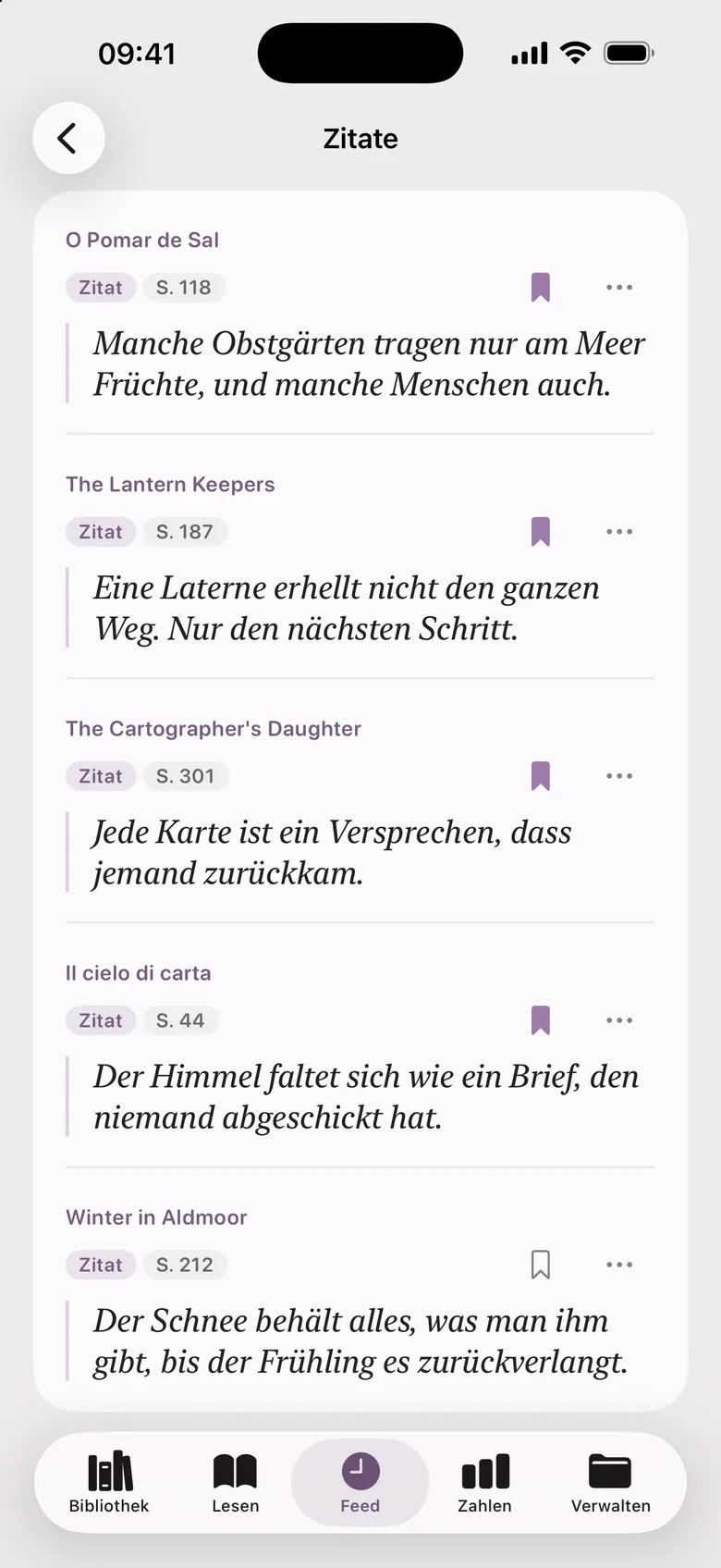 Die Zitate: Sätze aus mehreren Büchern, jeder mit seiner Seite.
