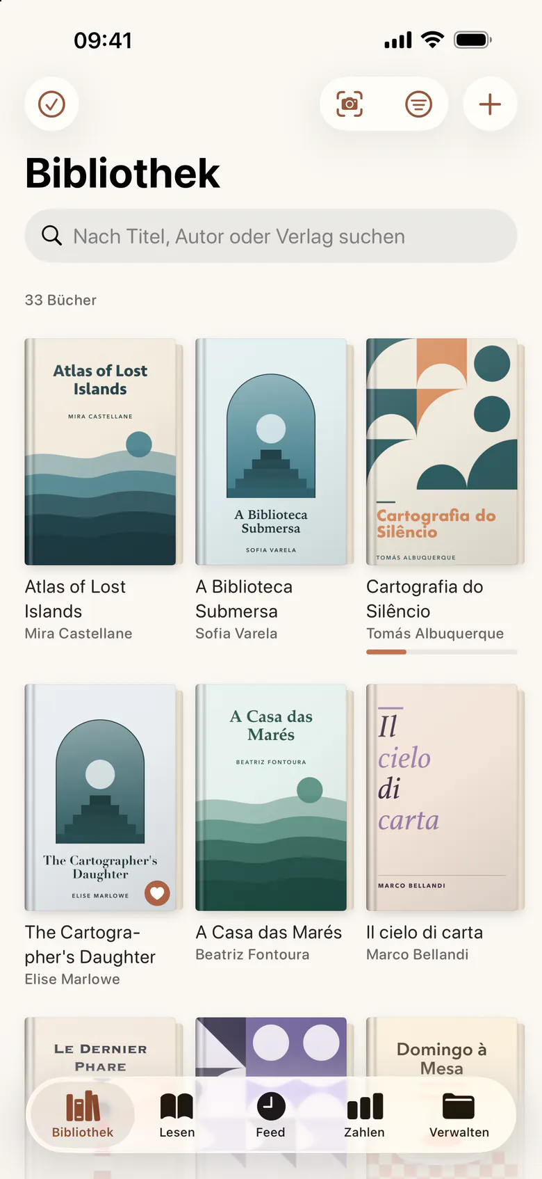 Der Tab Bibliothek: ein Raster aus Buchcovern unter dem Suchfeld, oben die Zahl der Bücher.