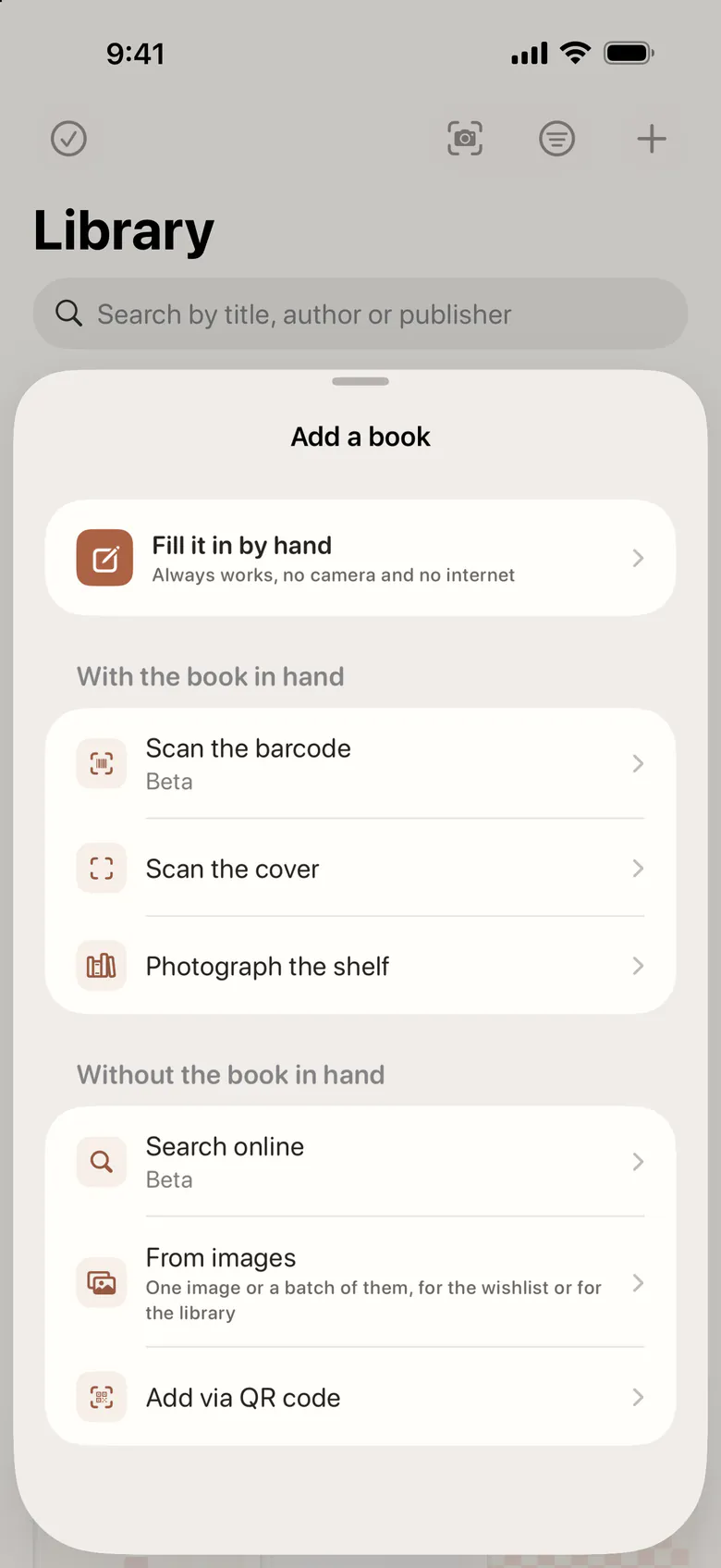 Adding a book: by hand, by barcode or cover, a whole shelf, online search, images or a QR code.