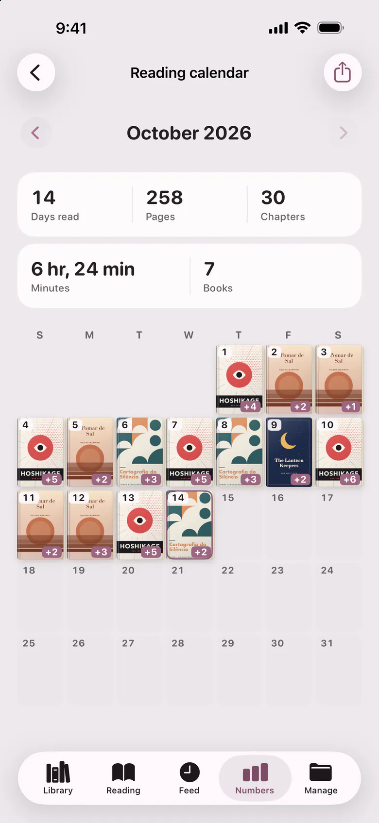 The reading calendar: a month where each day you read shows the cover of the book.