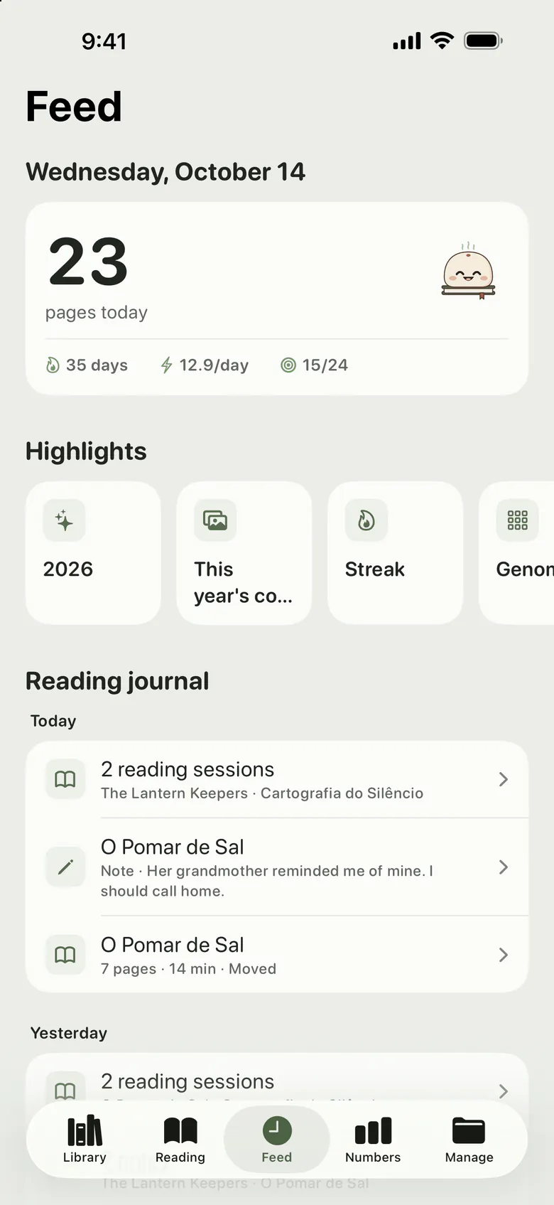 The Feed: the pages read today, then a journal of sessions, notes and quotes grouped by day.