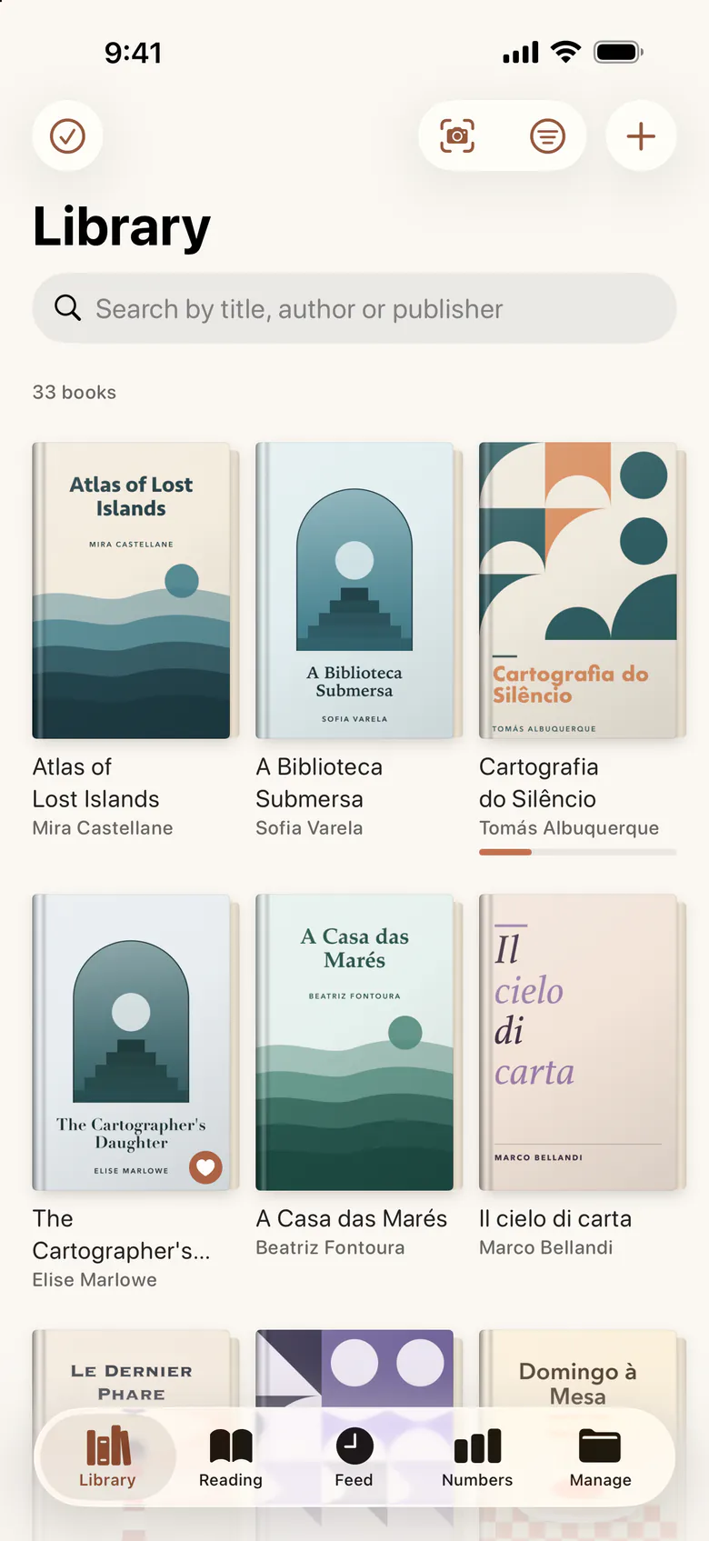 The Library tab: a grid of book covers under a search field, with the number of books at the top.