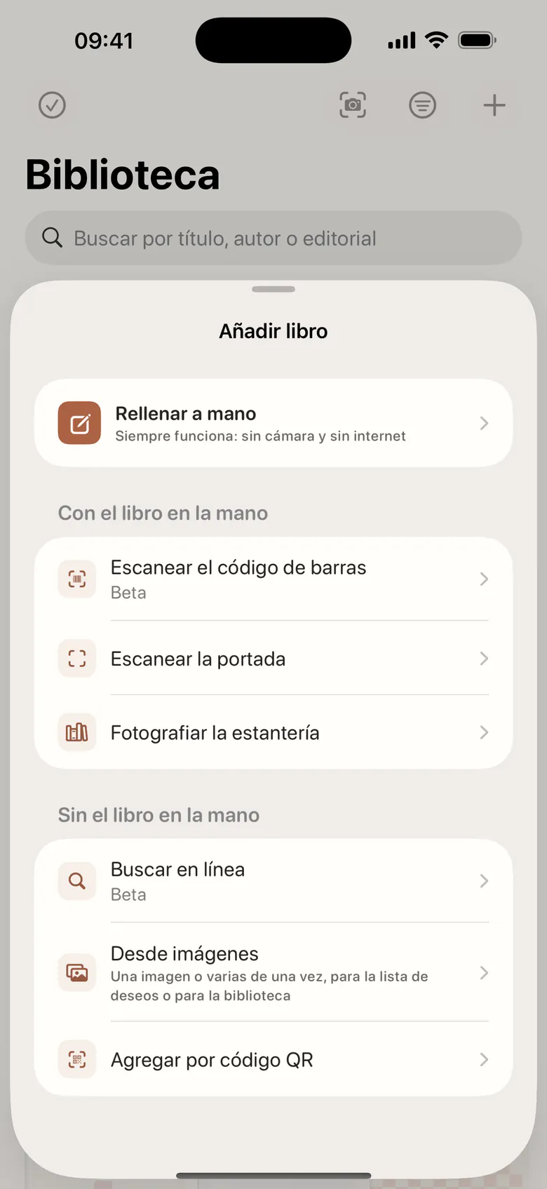 Añadir un libro: a mano, por código de barras o portada, una estantería entera, búsqueda en línea, imágenes o un código QR.