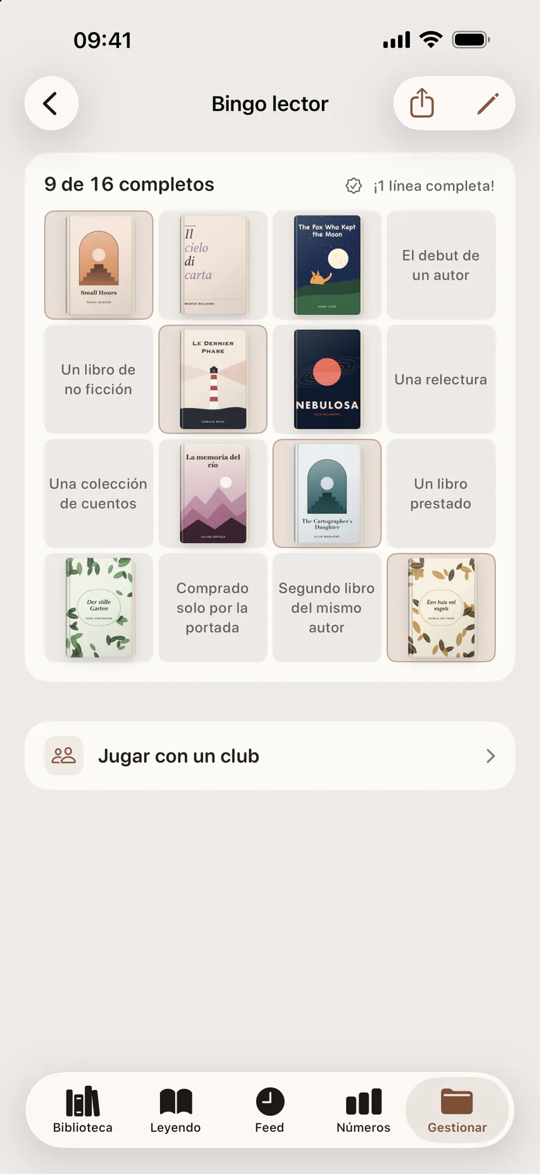 Un cartón de bingo de lectura, con portadas en las casillas ya rellenas.