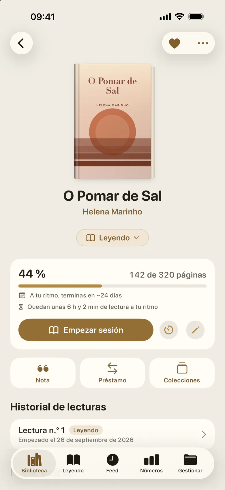 La página de un libro: la portada, hasta dónde va la lectura, el botón de empezar sesión y, debajo, notas, préstamos e historial.