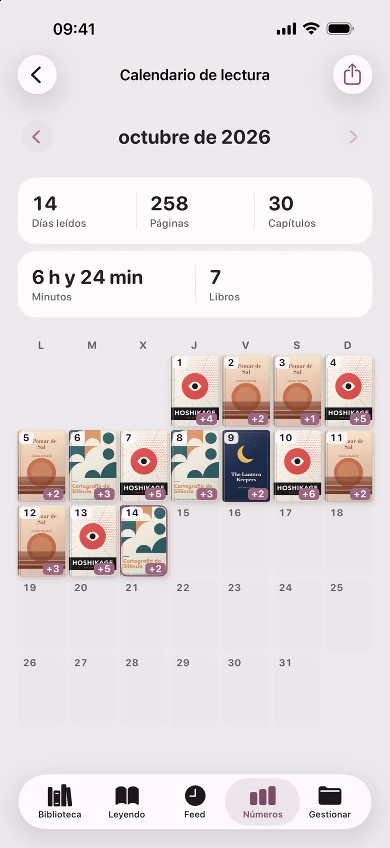 El calendario de lectura: un mes en el que cada día leído muestra la portada del libro.