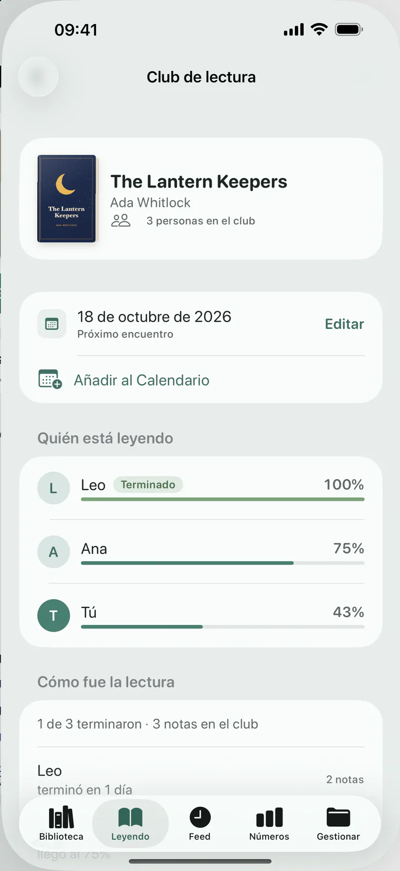 Un club de lectura: el libro, la próxima reunión y hasta dónde ha leído cada uno.