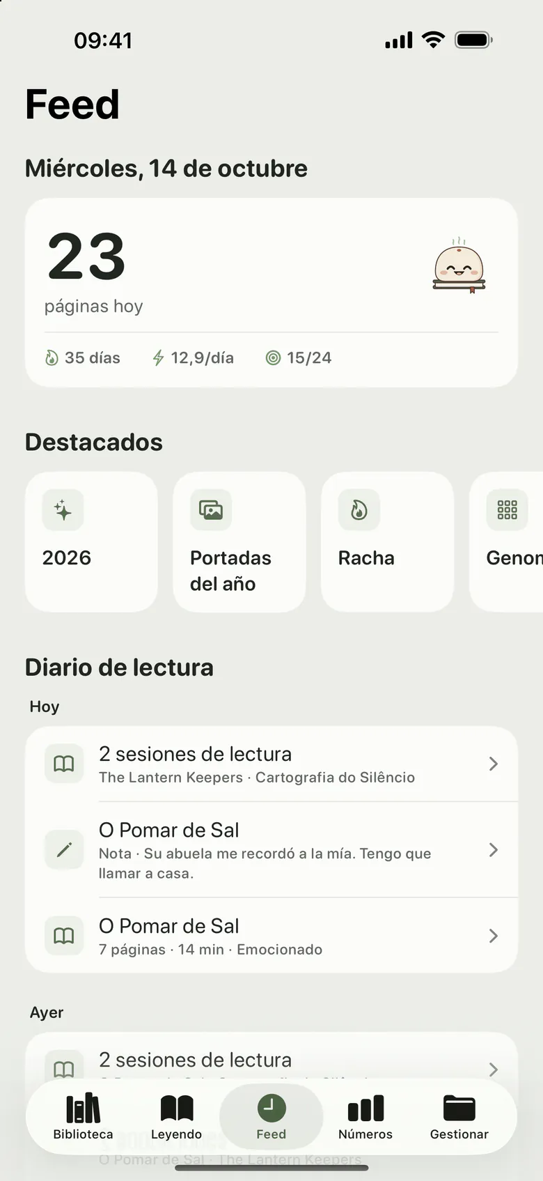 El Feed: las páginas leídas hoy y un diario de sesiones, notas y citas agrupado por día.