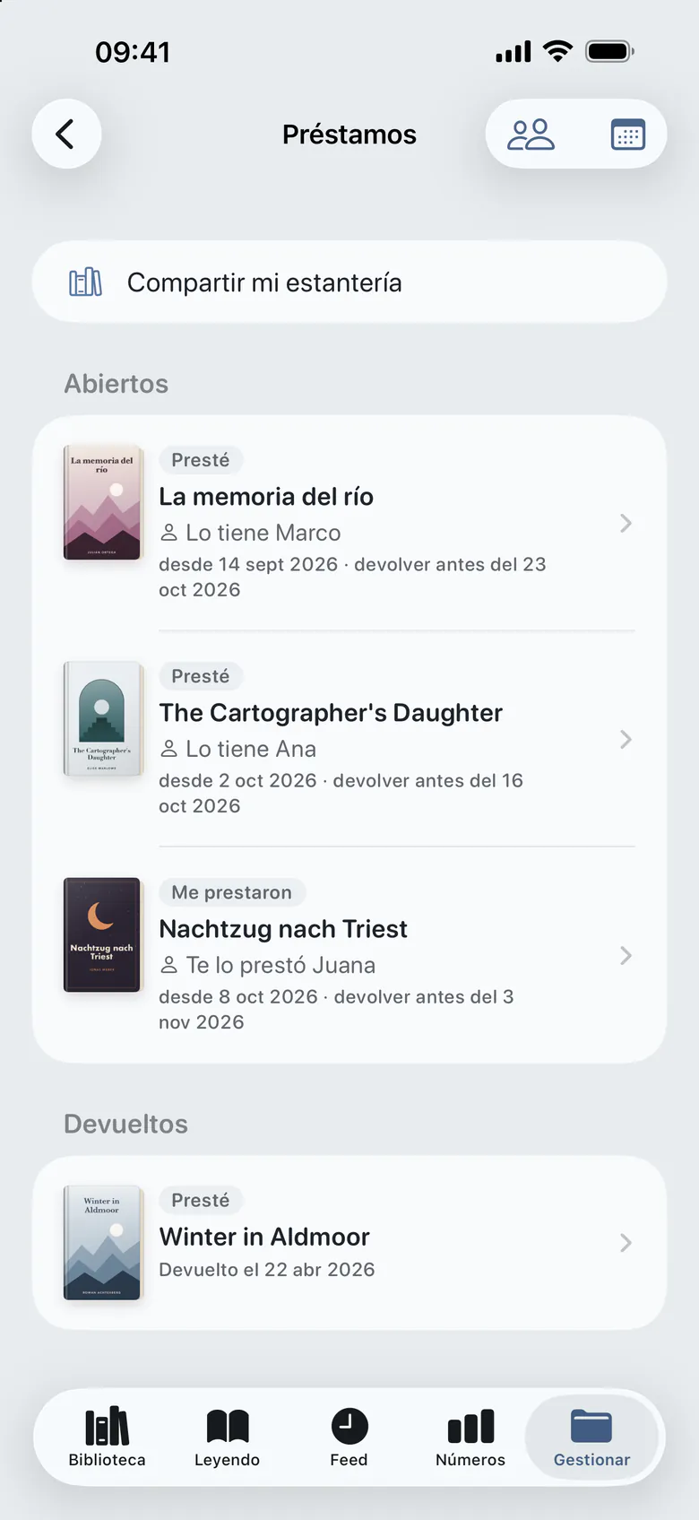 Los préstamos: libros prestados, quién los tiene y cuándo vuelven, uno que te prestaron y uno devuelto.