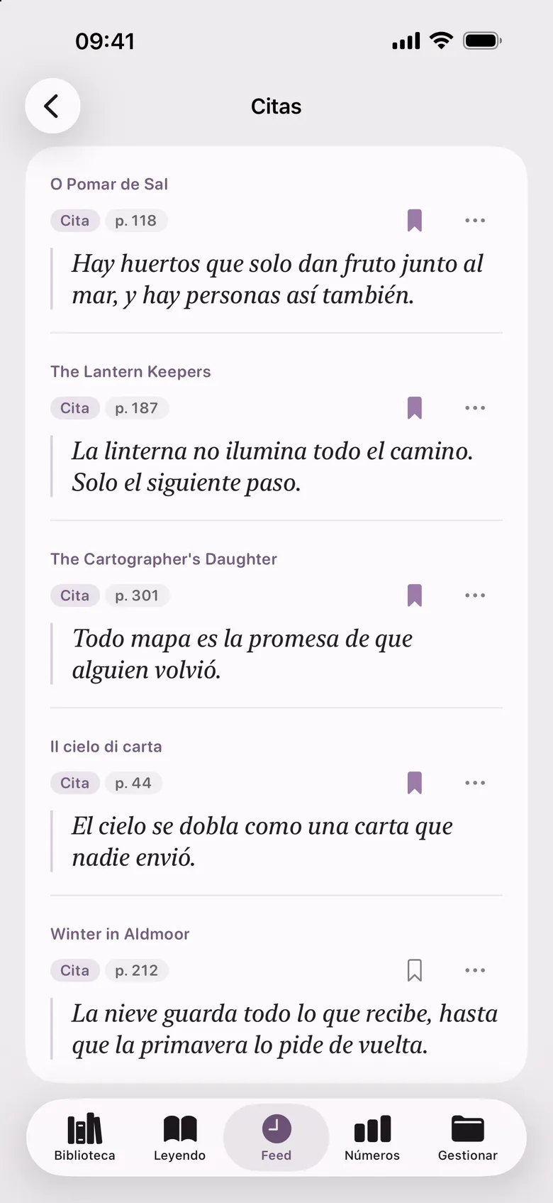Las citas: frases de varios libros, cada una con su página.