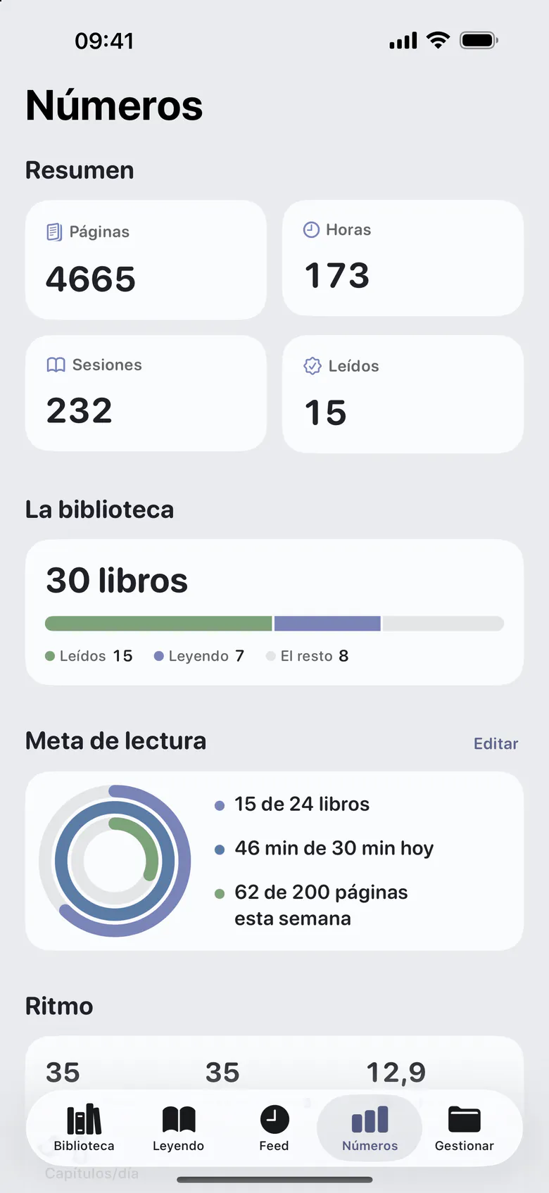 La pestaña Números: páginas, horas, sesiones y libros leídos, la biblioteca por estado y la meta anual en anillos.