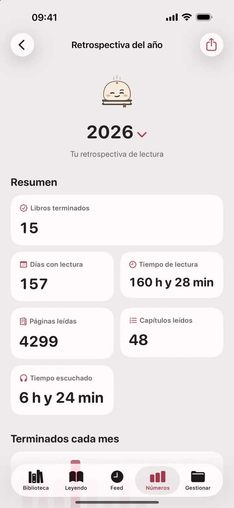 La retrospectiva del año: libros terminados, días con lectura, tiempo, páginas y capítulos.