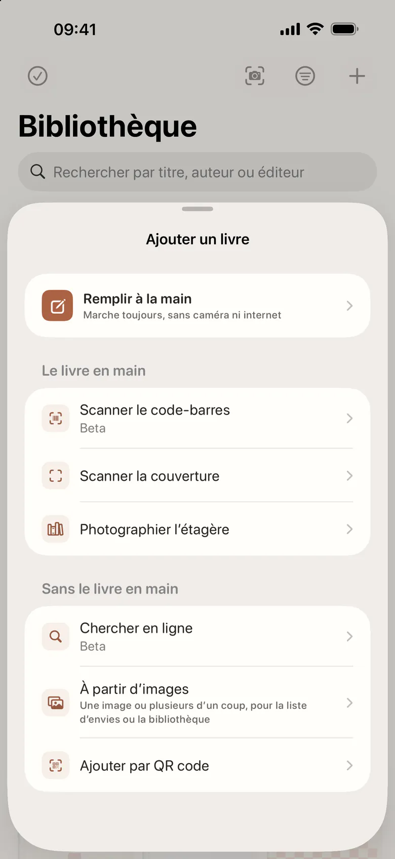 Ajouter un livre : à la main, par code-barres ou couverture, une étagère entière, recherche en ligne, images ou QR code.