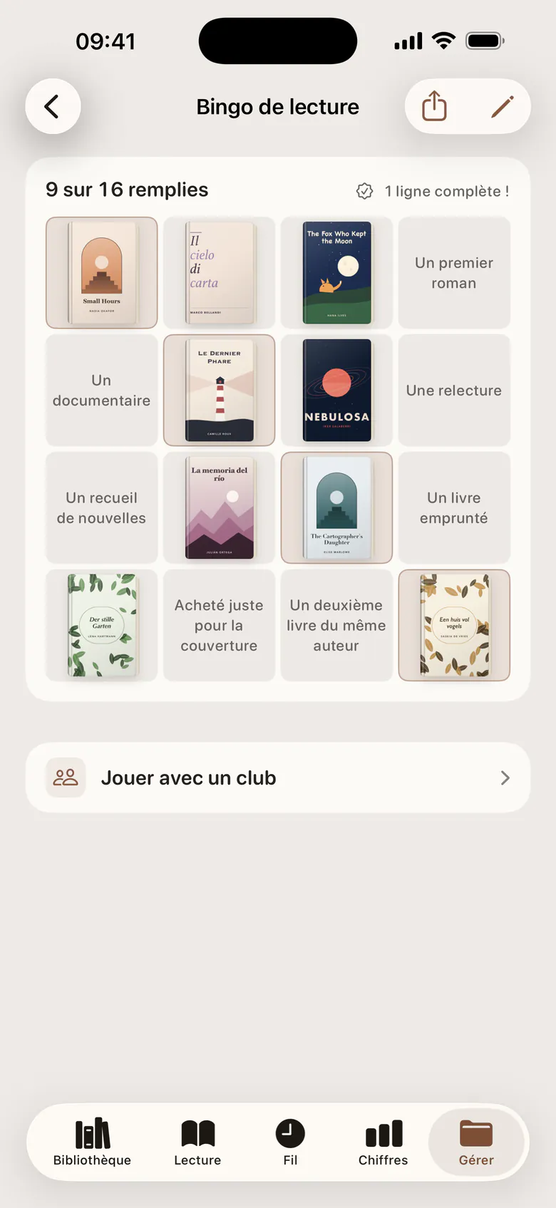 Une grille de bingo de lecture, avec des couvertures dans les cases déjà remplies.