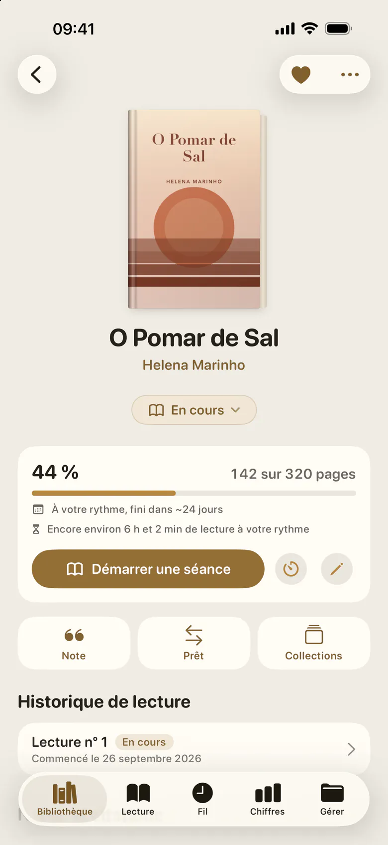 La page d’un livre : sa couverture, où en est la lecture, un bouton pour lancer une séance et, dessous, notes, prêts et historique.