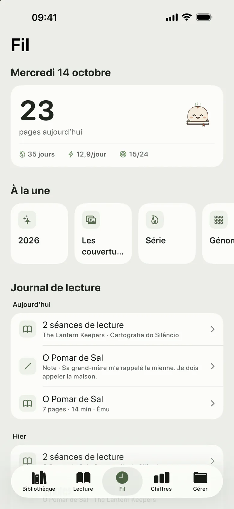 Le Fil : les pages lues aujourd’hui, puis un journal des séances, notes et citations, jour par jour.