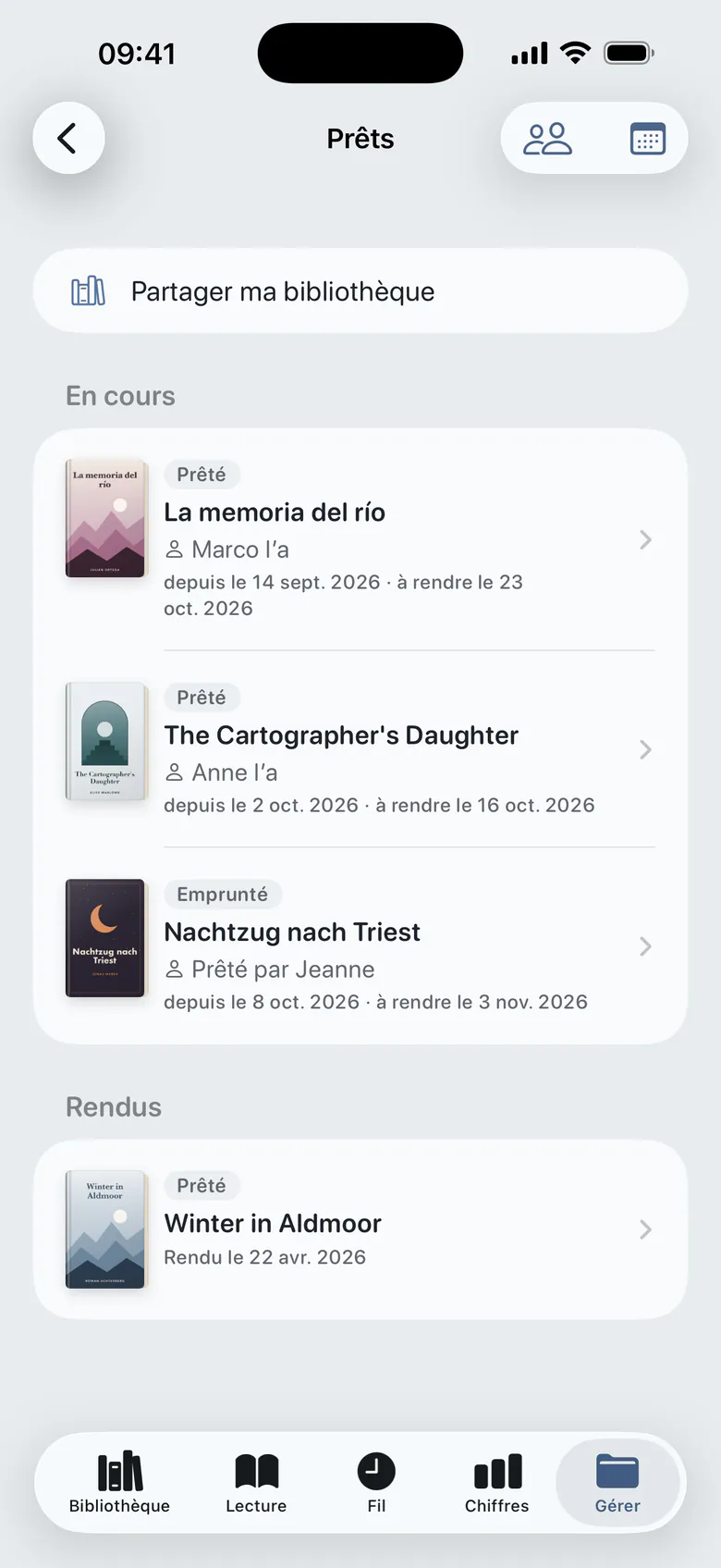 Les prêts : livres prêtés, qui les a et quand ils reviennent, un livre emprunté et un rendu.