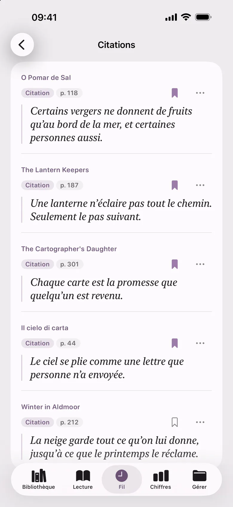 Les citations : des phrases de plusieurs livres, chacune avec sa page.