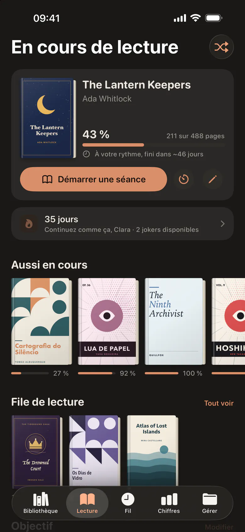 L’onglet Lecture en mode sombre : le livre en cours avec sa progression et un bouton pour lancer une séance, puis les autres lectures et la pile à lire.
