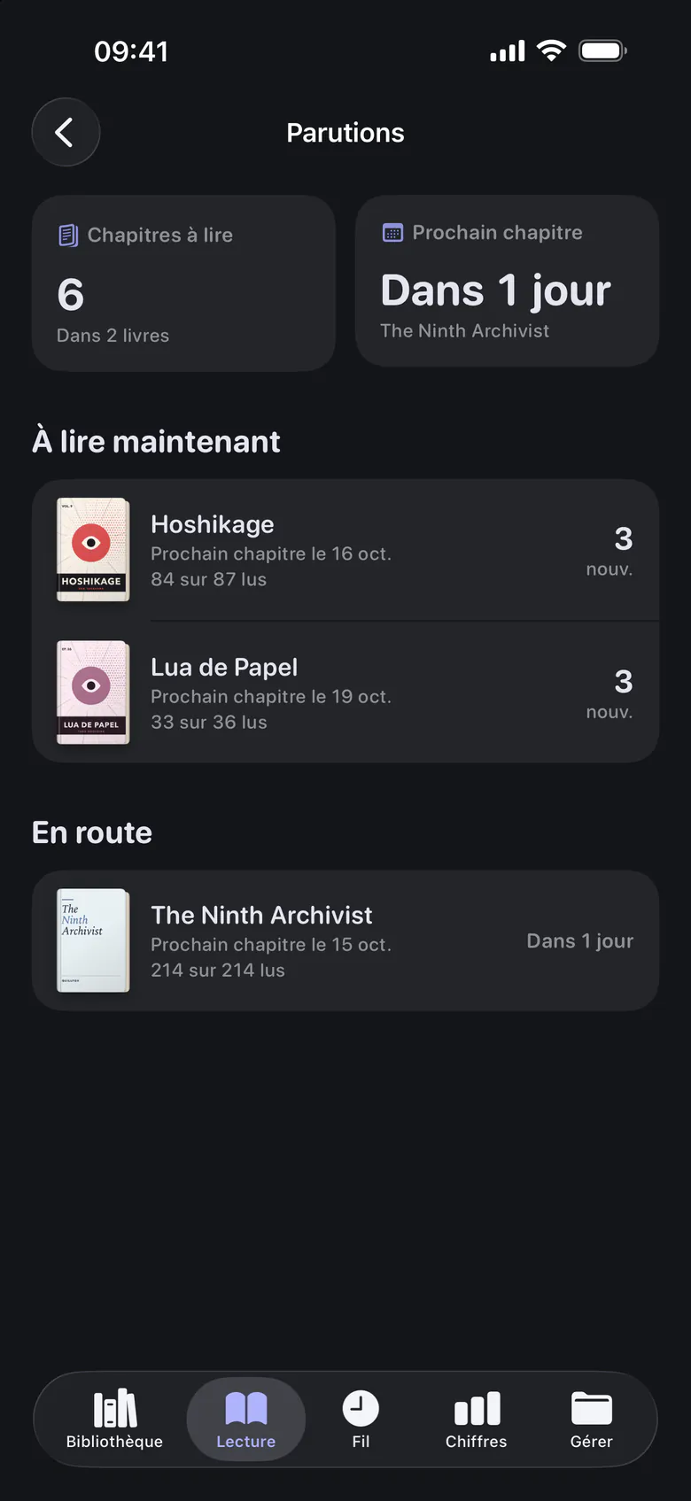 Les parutions en mode sombre : des chapitres en attente dans deux feuilletons, et quand sort le suivant.
