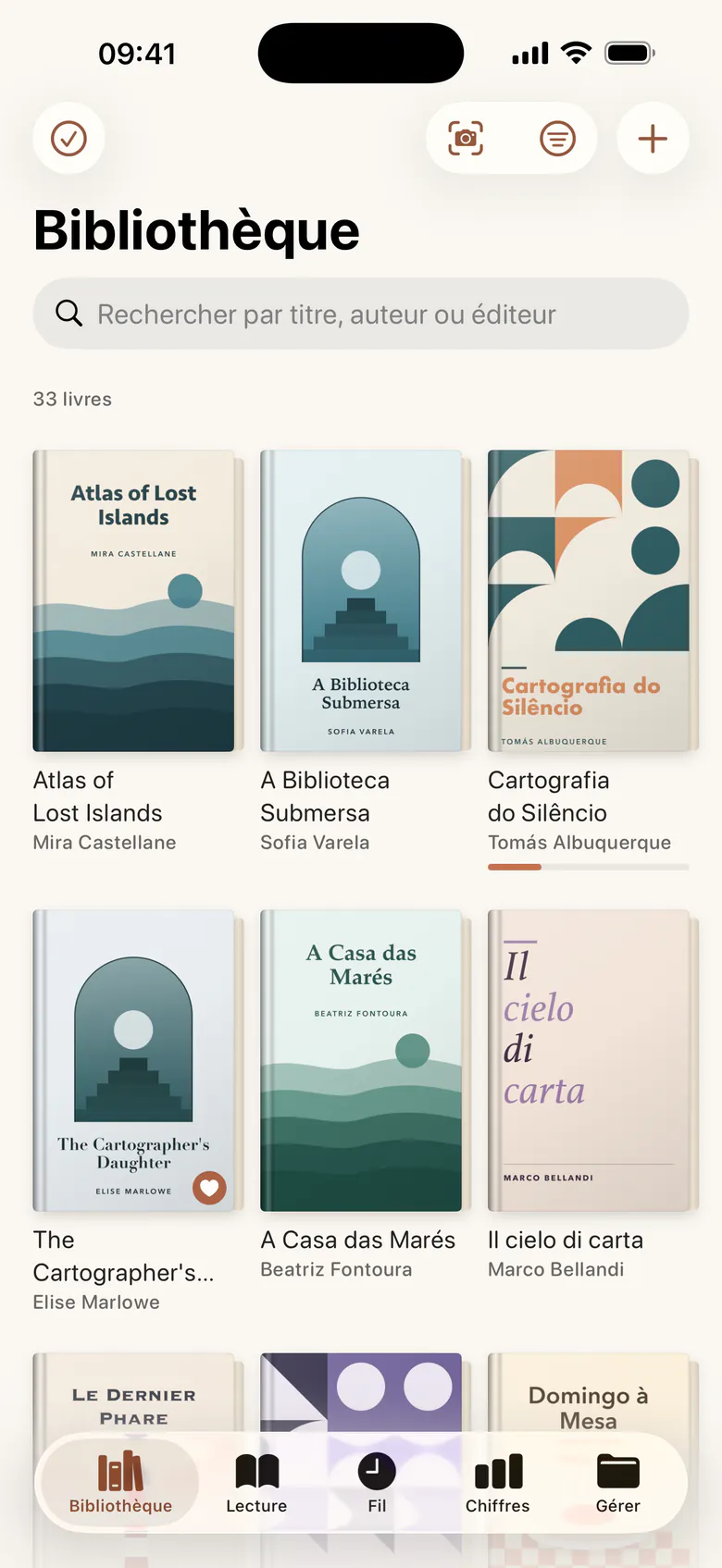 L’onglet Bibliothèque : une grille de couvertures sous le champ de recherche, avec le nombre de livres en haut.