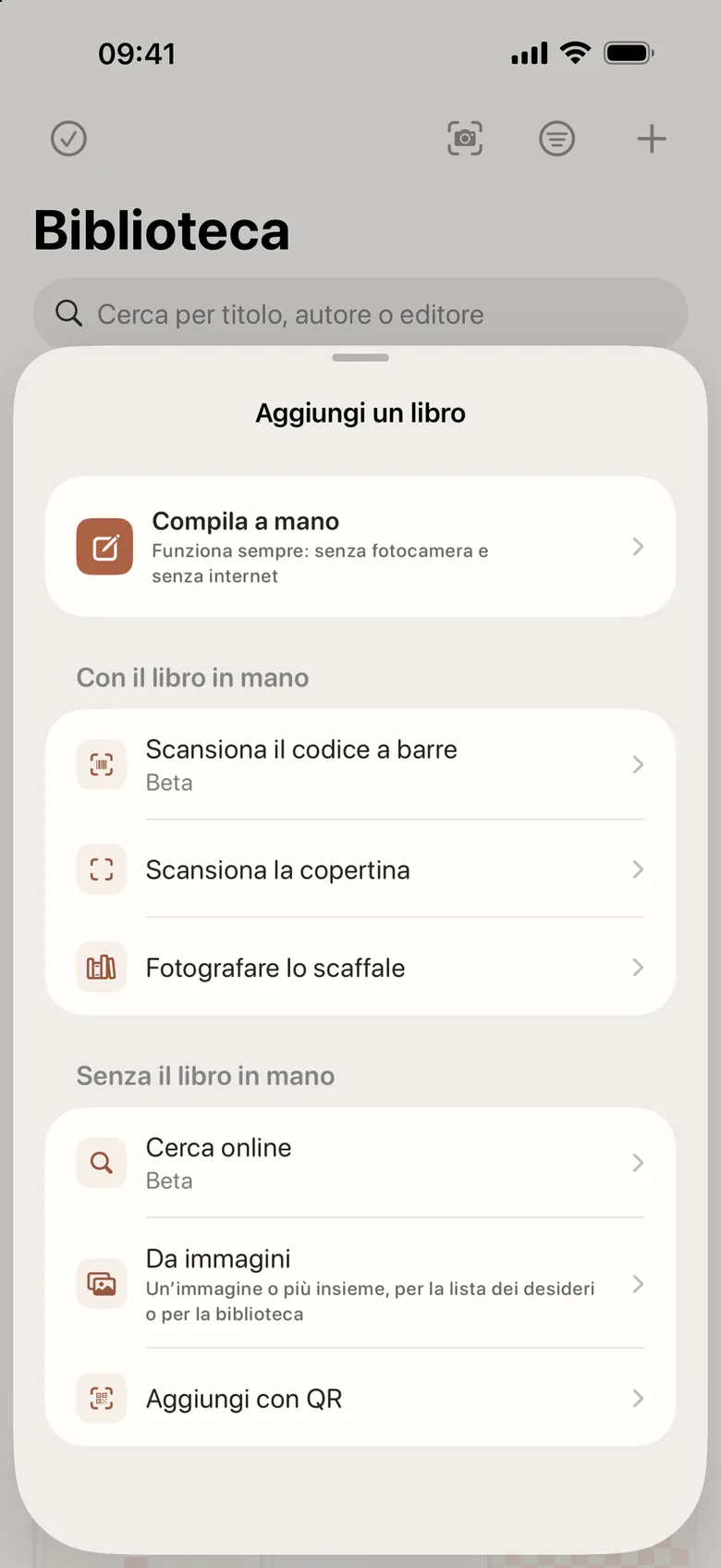 Aggiungere un libro: a mano, con codice a barre o copertina, uno scaffale intero, ricerca online, immagini o codice QR.