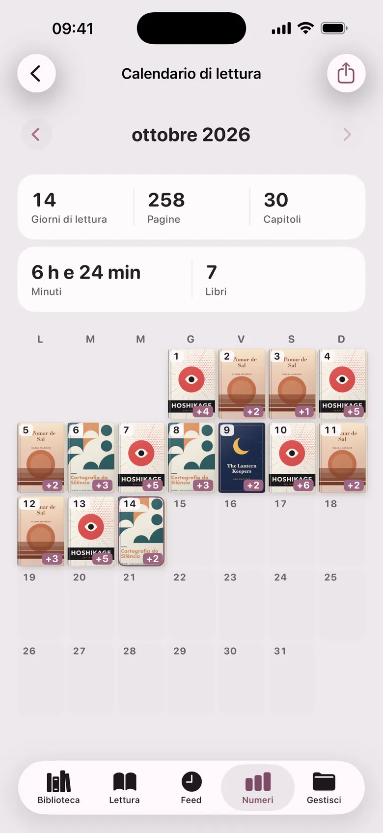 Il calendario di lettura: un mese in cui ogni giorno di lettura mostra la copertina del libro.