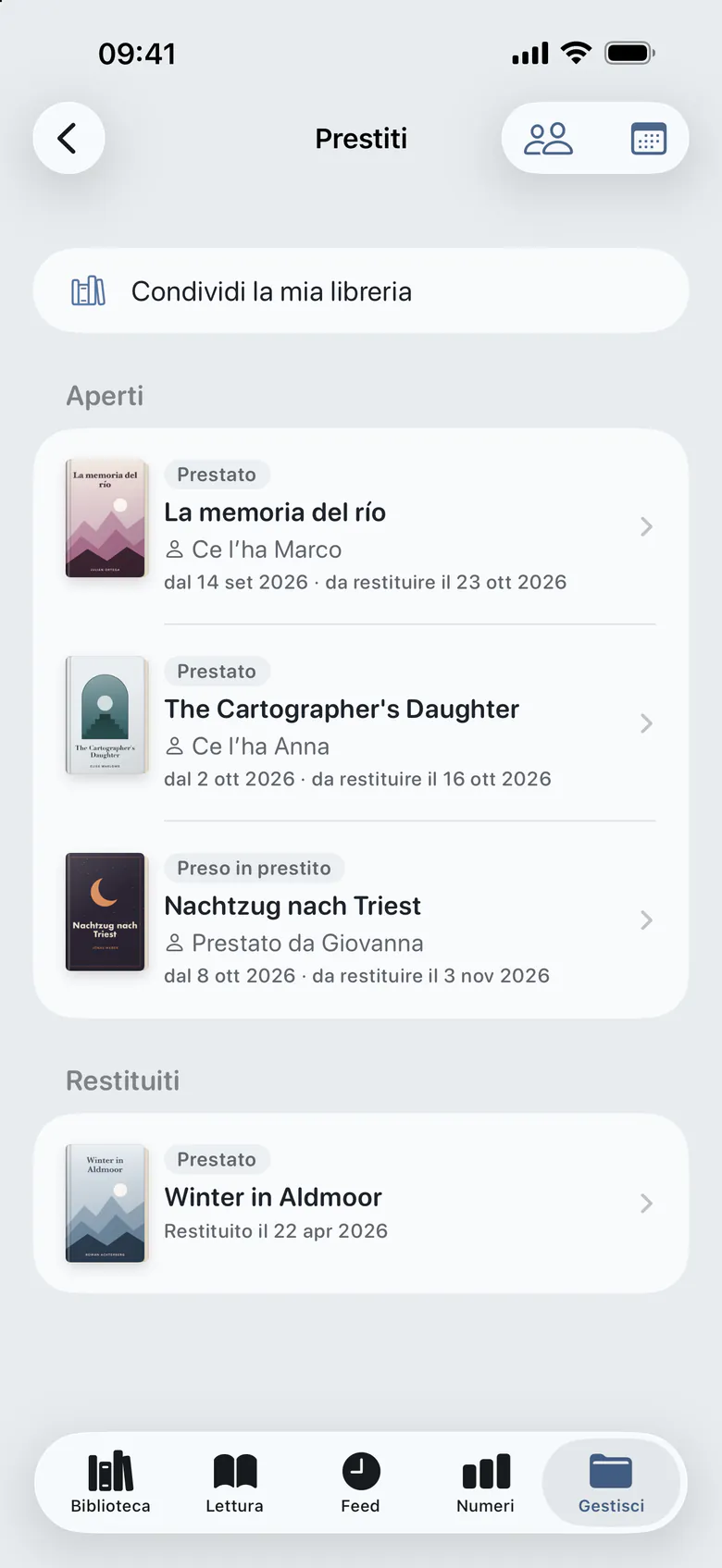 I prestiti: libri prestati, chi li ha e quando tornano, uno preso in prestito e uno restituito.