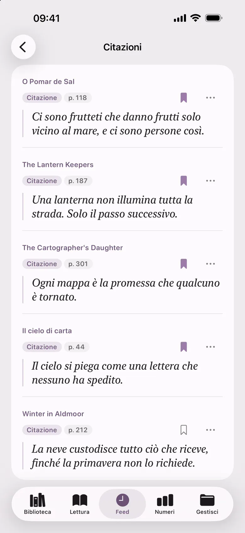 Le citazioni: frasi da diversi libri, ognuna con la sua pagina.