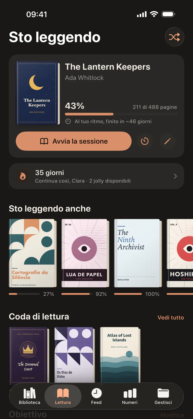 La scheda Lettura in modalità scura: il libro in primo piano con il progresso e un pulsante per avviare una sessione, poi le altre letture e la coda.