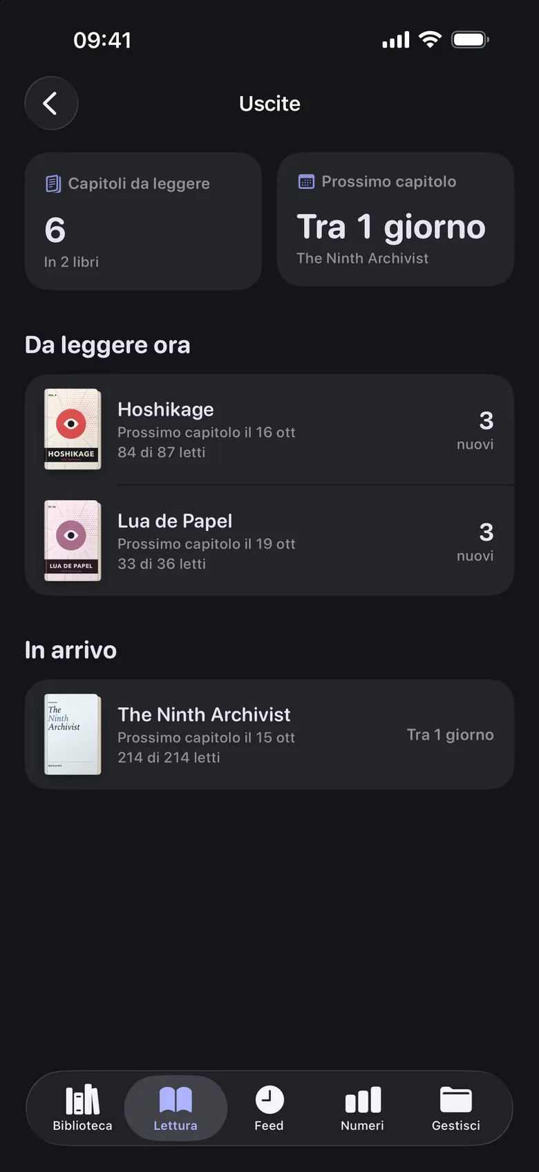 Le uscite in modalità scura: capitoli in attesa in due serie, e quando esce il prossimo.