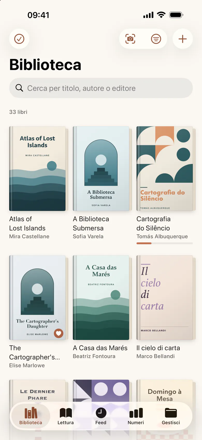 La scheda Biblioteca: una griglia di copertine sotto il campo di ricerca, con il numero di libri in alto.