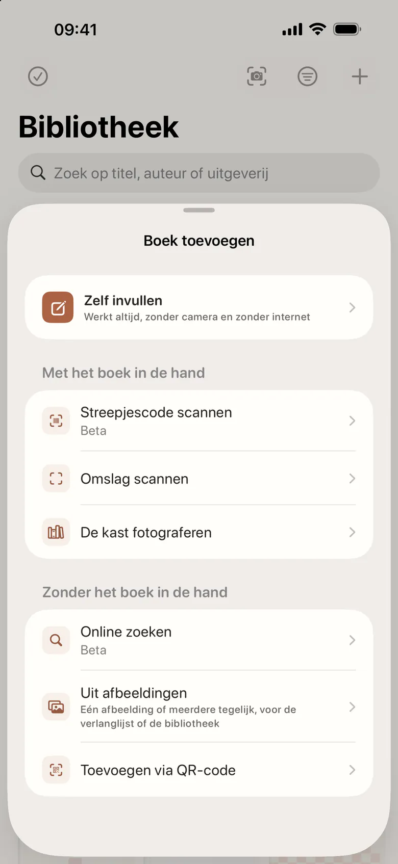 Een boek toevoegen: met de hand, via barcode of kaft, een hele plank, online zoeken, afbeeldingen of een QR-code.