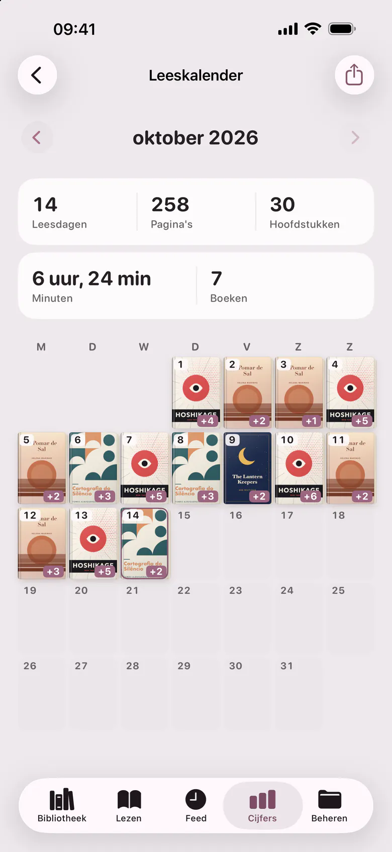De leeskalender: een maand waarin elke leesdag de kaft van het boek toont.