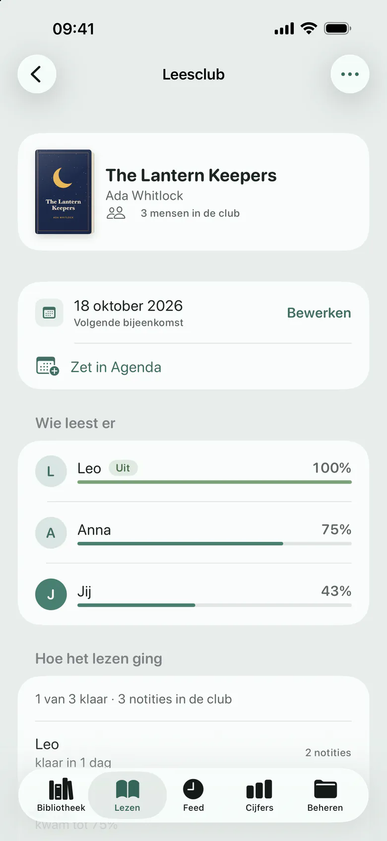 Een leesclub: het boek, de volgende bijeenkomst en hoe ver iedereen is.