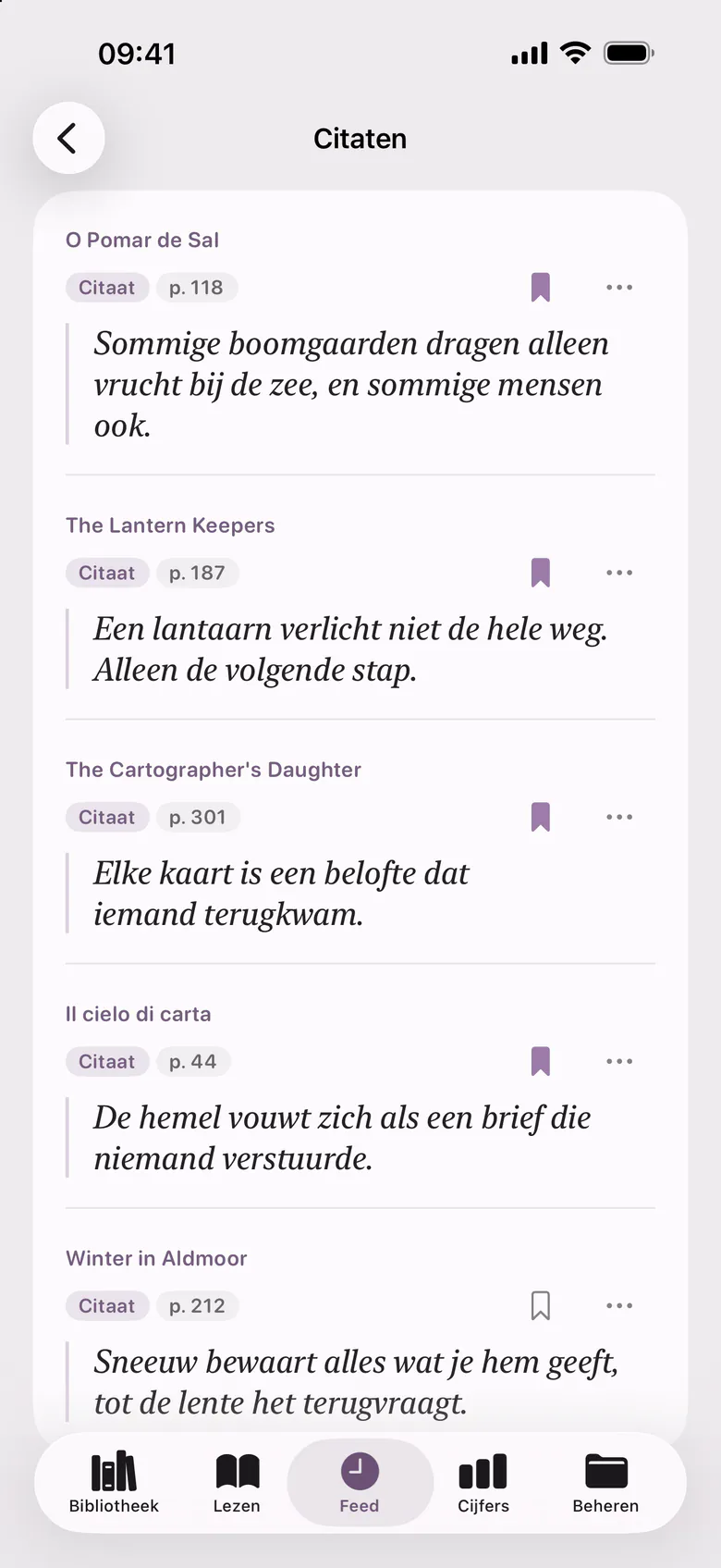 De citaten: zinnen uit verschillende boeken, elk met zijn bladzijde.