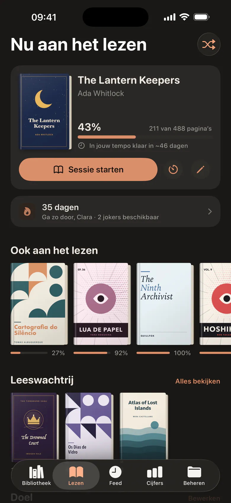 Het tabblad Lezen in donkere modus: het boek in beeld met de voortgang en een knop om een sessie te starten, daaronder de andere boeken en de leeslijst.
