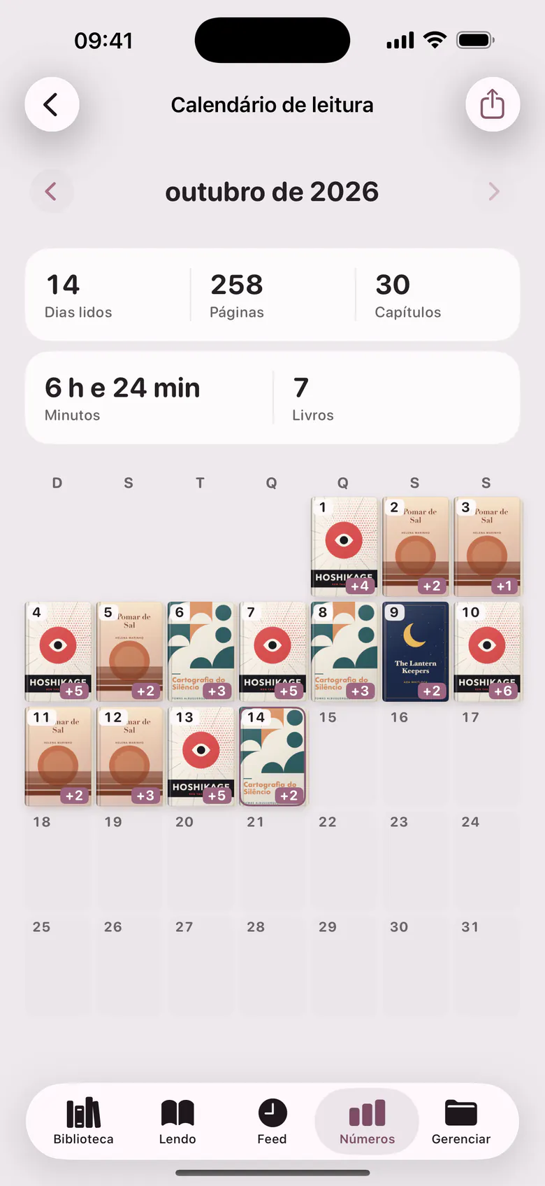 O calendário de leitura: um mês em que cada dia de leitura mostra a capa do livro.