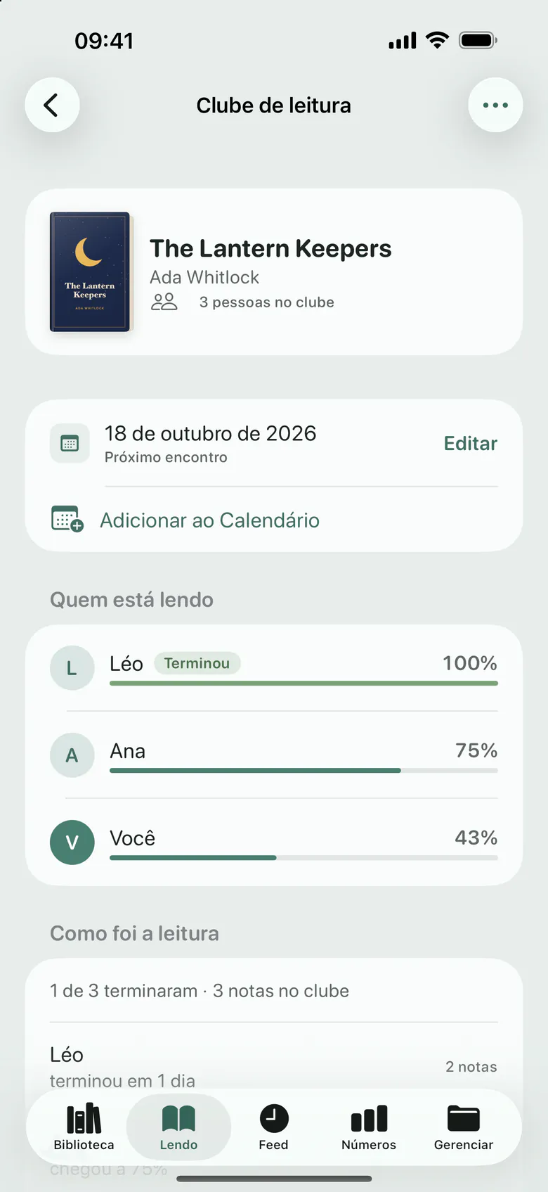 Um clube de leitura: o livro, o próximo encontro e até onde cada pessoa leu.