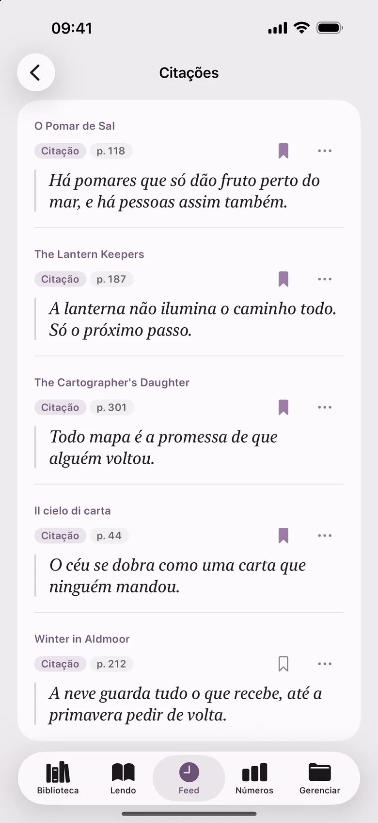 As citações: frases de vários livros, cada uma com a sua página.