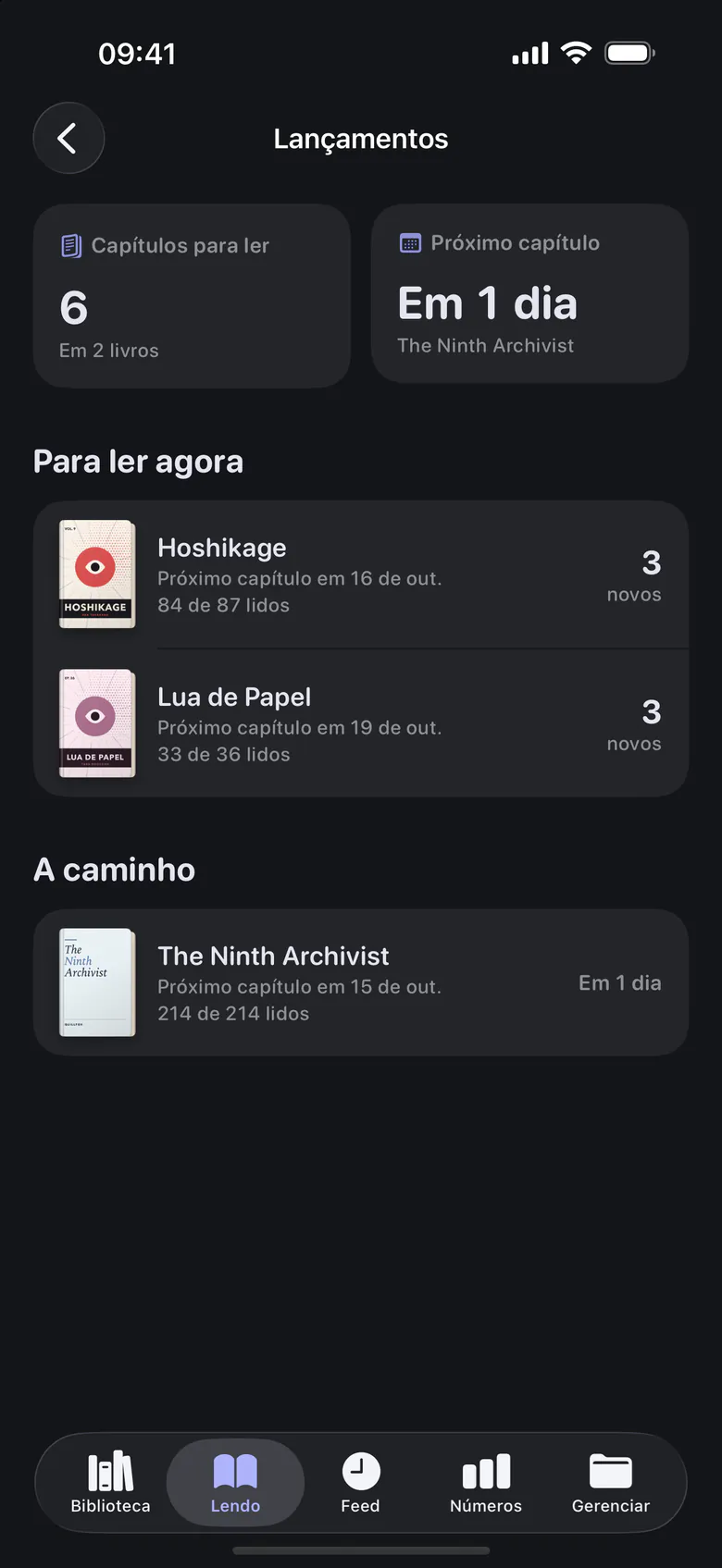 Lançamentos no modo escuro: capítulos esperando em duas séries, e quando sai o próximo.