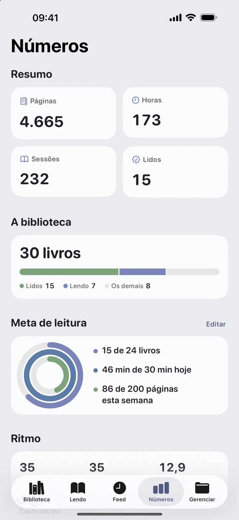 A aba Números: páginas, horas, sessões e livros lidos, a biblioteca por situação e a meta do ano em anéis.